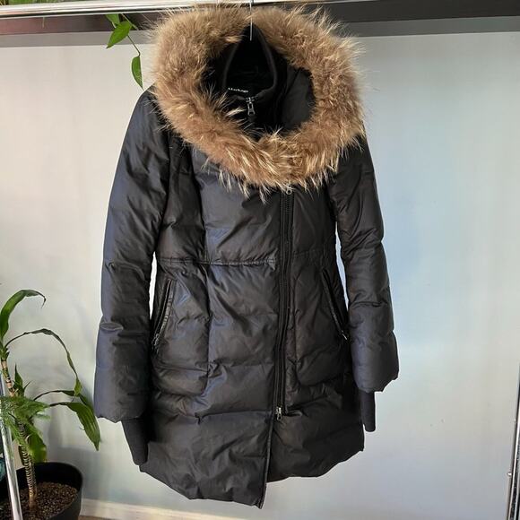 Mackage down coat - fitted, 3/4 length w fur collar & zip hood waterproof SM - Picture 1 of 14